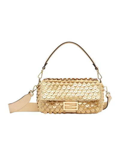 Fendi Sequin Embellished Medium Baguette Bag In Nude