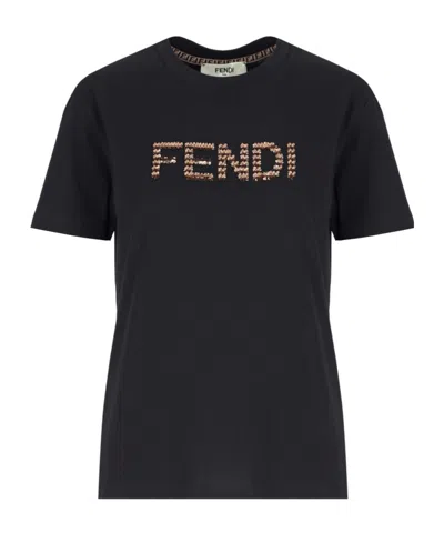 Fendi Logo Detailed Crewneck T-shirt In Black