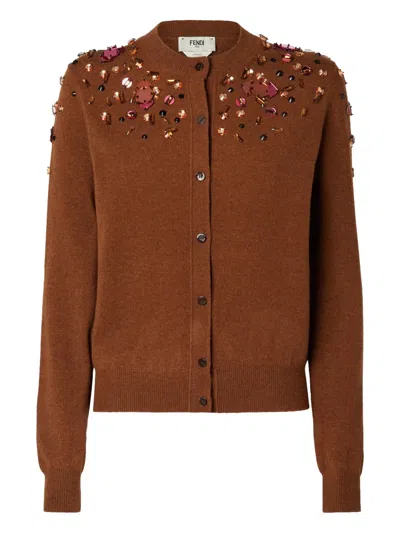 Fendi Sequined Cardigan In Brown