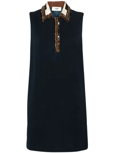 Fendi Sequined-trim Polo Minidress In Blue