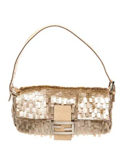 Pre-owned Fendi Sequins Beige Sequins And Python Baguette Vintage In Gold