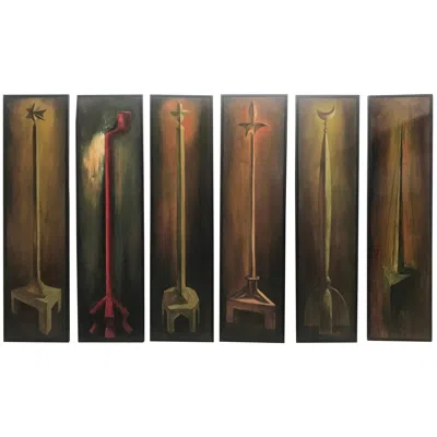 Pre-owned Fendi Set Of 6 Modernist Folk Art Oil On Wood Paintings Hand Executed By Endi Poskovic In Brown