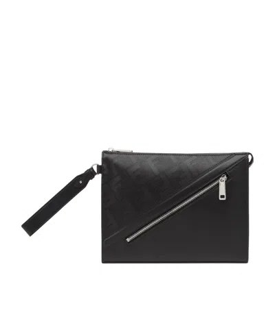 Fendi Shadow Diagonal Leather Clutch Bag In Black