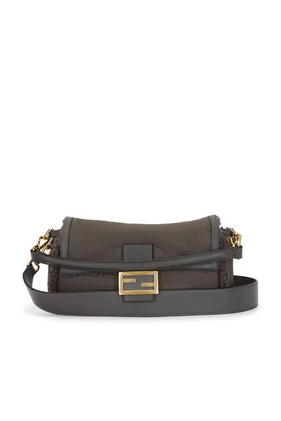Pre-owned Fendi Shearling Baguette Shoulder Bag In Gray