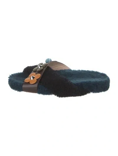 Pre-owned Fendi Shearling Colorblock Pattern Slides In Black/blue