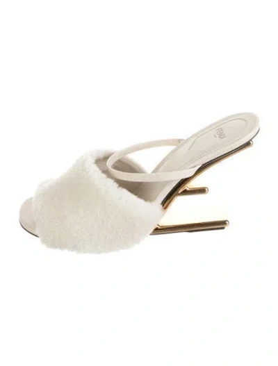 Pre-owned Fendi Shearling Fur Trim Slides In Gold/neutrals