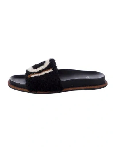 Pre-owned Fendi Shearling Graphic Print Slides In Black
