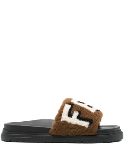 Fendi Multicolor Shearling Slippers In Brown