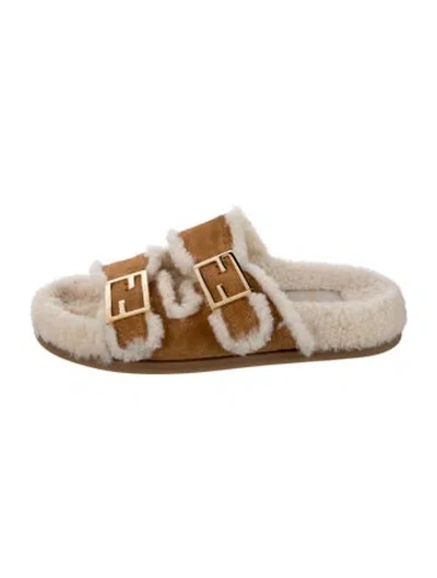 Pre-owned Fendi Shearling Slides In Neutral
