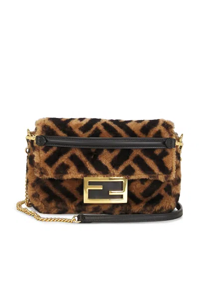 Pre-owned Fendi Shearling Vitello Dolce Macro Ff 1974 Mini Baguette Shoulder Bag In Brown