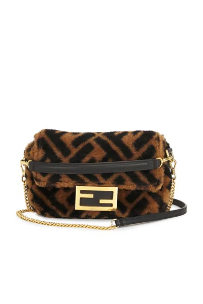 Pre-owned Fendi Shearling Vitello Dolce Macro Ff 1974 Mini Baguette Shoulder Bag In Brown