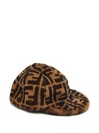 Pre-owned Fendi Shearling Zucca Baseball Cap In Brown