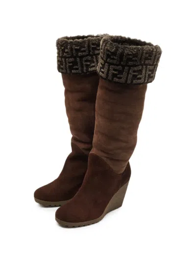 Pre-owned Fendi Shearling-cuff Wedge Knee-high Boots In Brown