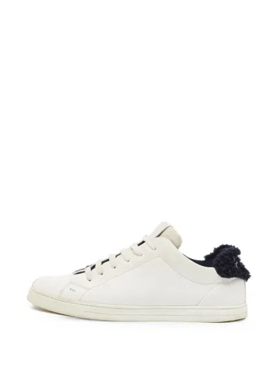 Pre-owned Fendi Shearling-trim Low-top Sneakers In White