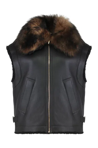 Fendi Shearling-trim Nappa Lamb Leather Gilet With Diagonal Pockets And Ff Buckles In Black
