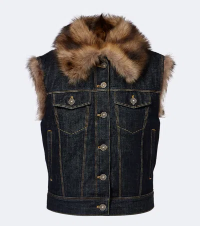 Fendi Shearling-trimmed Denim Vest In Blue