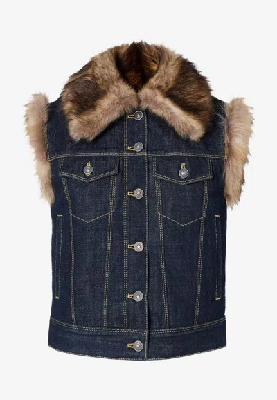 Fendi Shearling-trimmed Denim Vest In Blue
