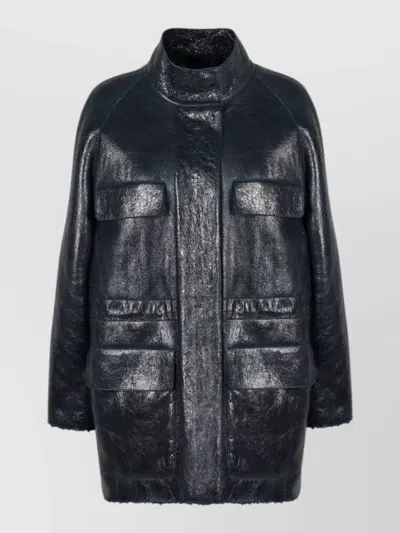 Fendi Sheepskin Jacket High Collar Front Pockets In Blue
