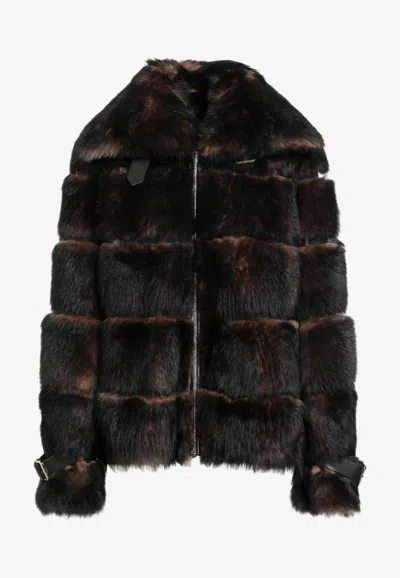 Fendi Sheepskin Zip-up Jacket In Brown
