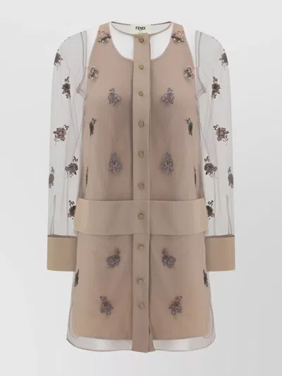 Fendi Pink Short Crewneck Dress With All-over Rhinestoned Floral Embroidery In Tech Fabric Woman In Beige