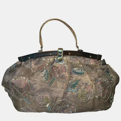 Pre-owned Fendi Sheer Silk Organza Hand Beaded Floral Embroidered Tote Bag In Multicolor