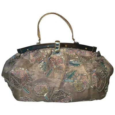 Pre-owned Fendi Sheer Silk Organza Hand Beaded Floral Embroidered Tote In Gray
