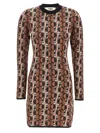 Fendi Shiny Jacquard Viscose Mini Dress With Geometric Pattern In Brown