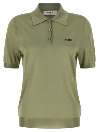 Fendi Shiny Viscose Polo Shirt In Green