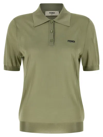 Fendi Sage Green Stretch Viscose Blend Polo Shirt