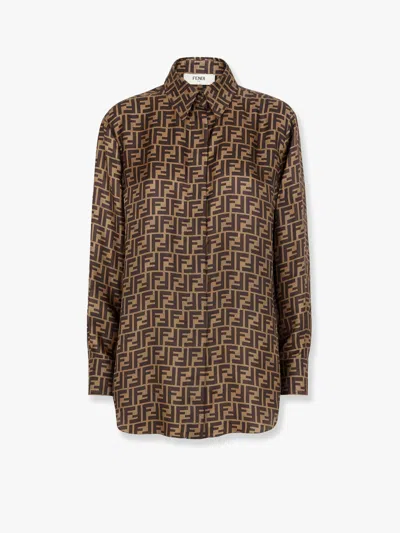 Fendi Silk Shirt With Curved Hem And Fabric-covered Buttons In Brown