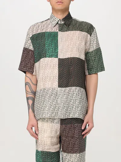 Fendi Men Linen Shirt With All-over Ff Print In Multi