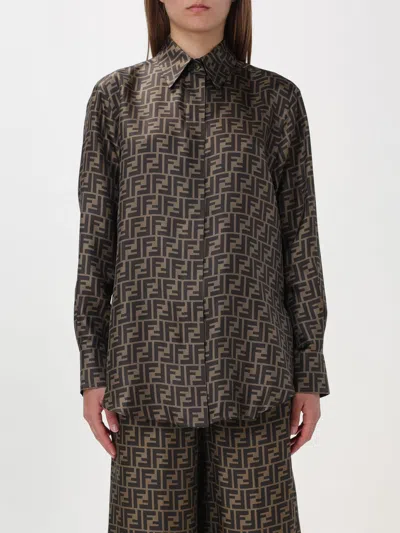 Fendi Silk Shirt With Curved Hem And Fabric-covered Buttons In Brown