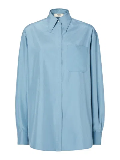 Fendi Logo Silk Shirt In Blue