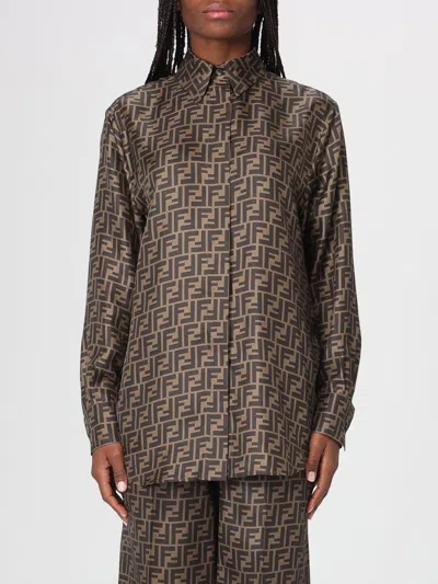 Fendi Silk Shirt With Curved Hem And Fabric-covered Buttons In Brown