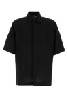 Fendi Men Black Oversize Shirt With Short Wide Sleeves And All-over Ff Embroidery In Linen Blend Man In Black