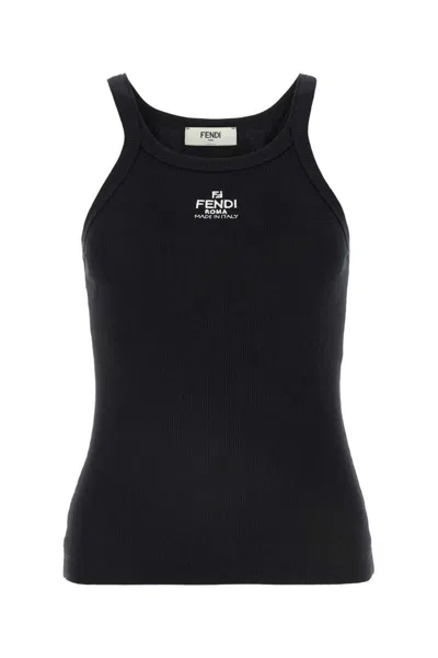 Fendi Ribbed Tank Top With Logo Embroidery In Black
