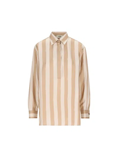 Fendi Long Sleeved Striped Shirt In Linen/desert Sand