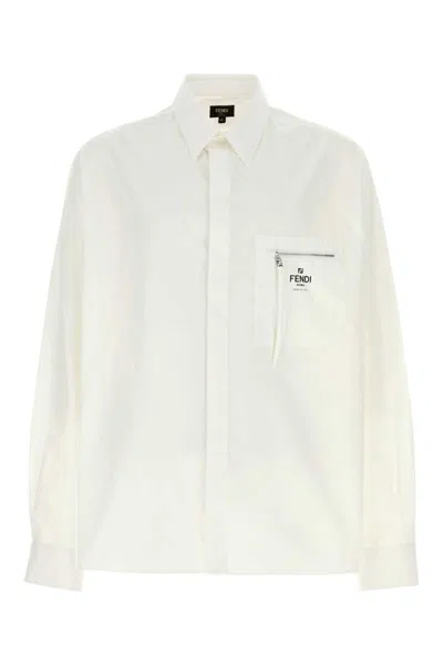 Fendi Men White Shirt With One Front Zip Pocket And Logo Lettering On The Pocket In Cotton Man