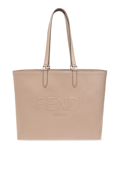 Fendi Roma Leather Shopper Bag In Beige