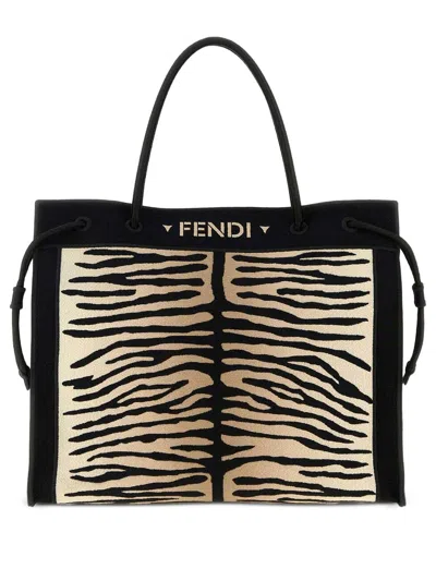 Fendi Shopper  Magic Large In Embroidered Tiger-effect Fabric In Brown
