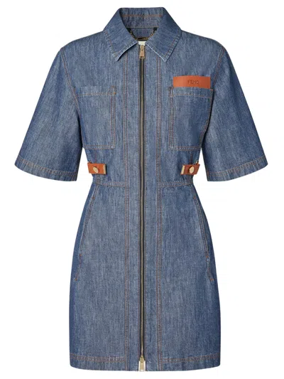 Fendi Short Cotton Denim Shirt-collar Dress With Zip Front And Leather Details In Blue