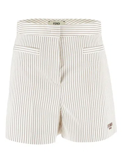 Fendi Short In Cotone E Seta Bianca In Neutral