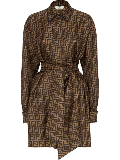 Fendi Short Shirt-style Dress With Ff Motif In Brown