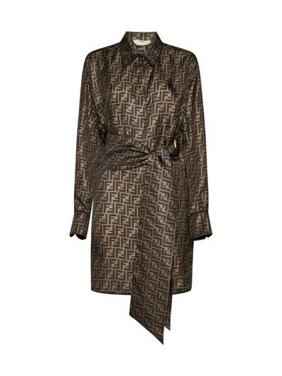 Fendi Short Silk Dress In Brown,tobacco