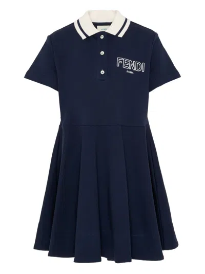Fendi Kids' Short Sleeve Collared Dress In Blue
