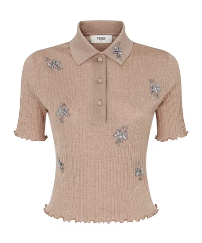 FENDI FENDI EMBELLISHED DETAILED KNITTED POLO SHIRT