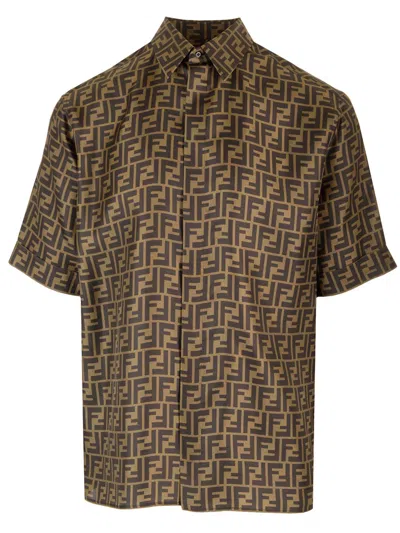 Fendi Short-sleeved Silk Shirt In Fango Tabacco