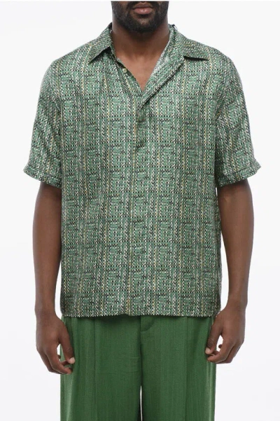 Fendi Short-sleeved Silk Shirt With Tweed Motif In Green