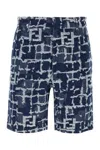 Fendi Blue Bermuda Shorts With Ff Print In Cotton And Linen Man In Blue