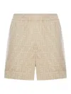Fendi Women Beige Shorts With Elastic Waist And Wide Leg In Chambray Ff Woman